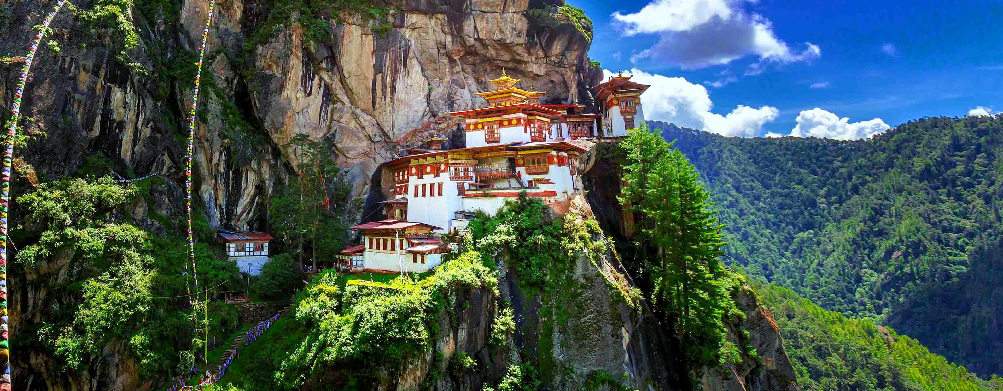 Scenic landscape of Bhutan mountains and monasteries